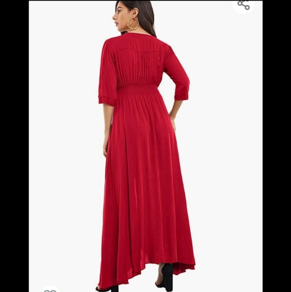 Flowy A-line Button Up V-neck Dress - Red - Picture 3 of 5